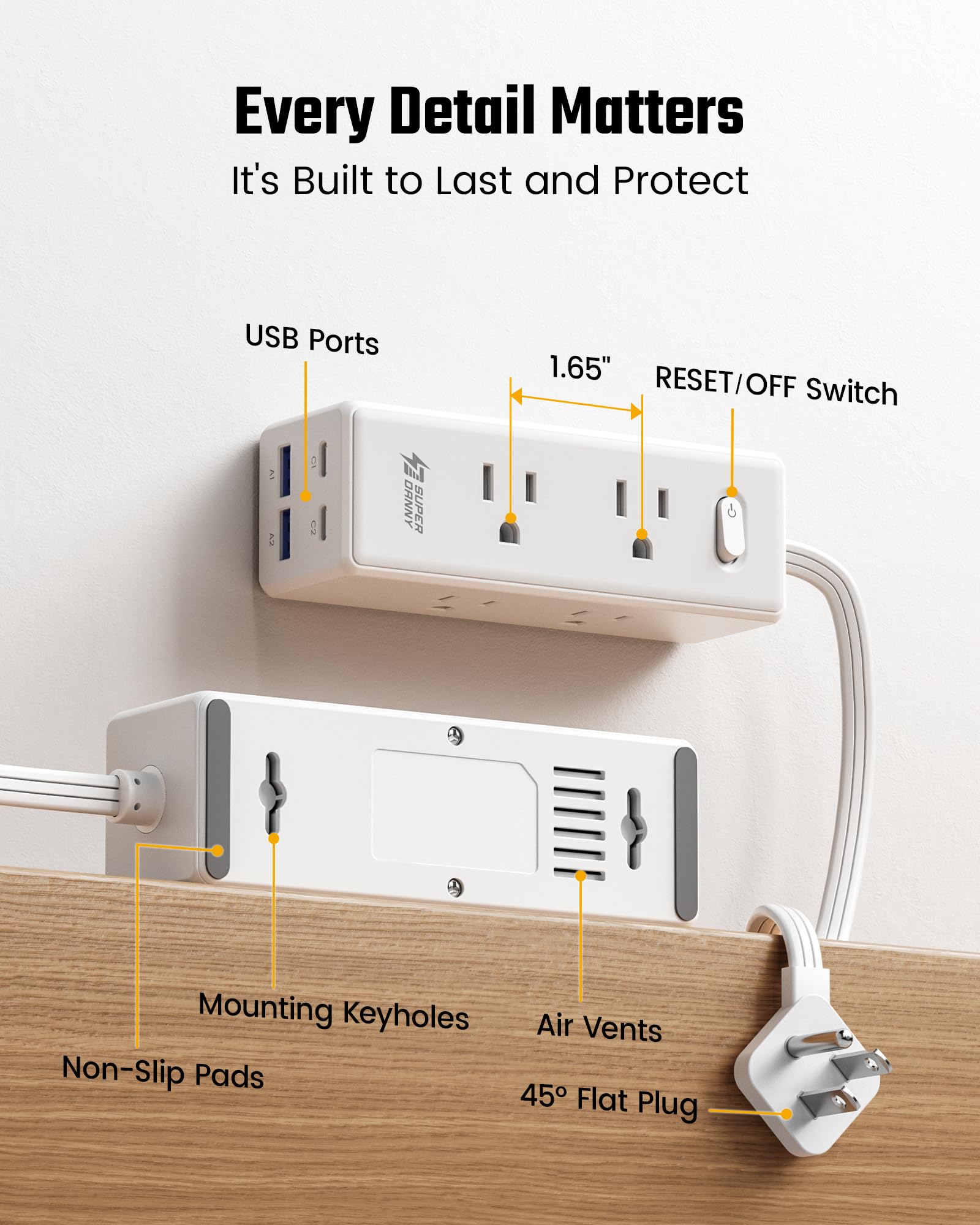 SUPERDANNY right angle plug creates space for other outlets on dense strips.