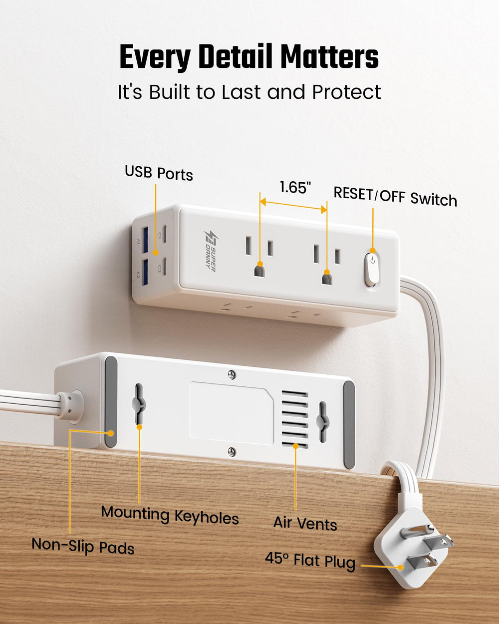 SUPERDANNY right angle plug creates space for other outlets on dense strips.