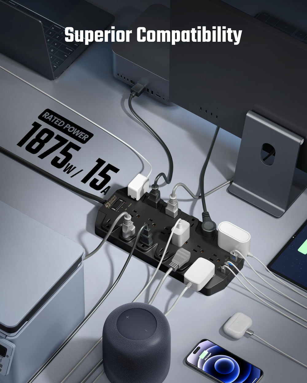 SUPERDANNY 45-degree flat plug helps placement in tight spaces.