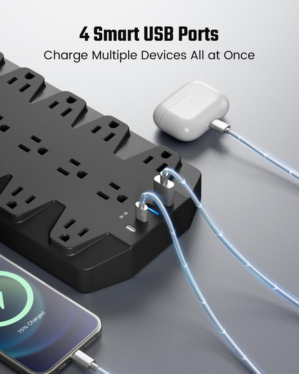 Flat plug and wall-mount design on the SUPERDANNY power strip fits behind furniture.