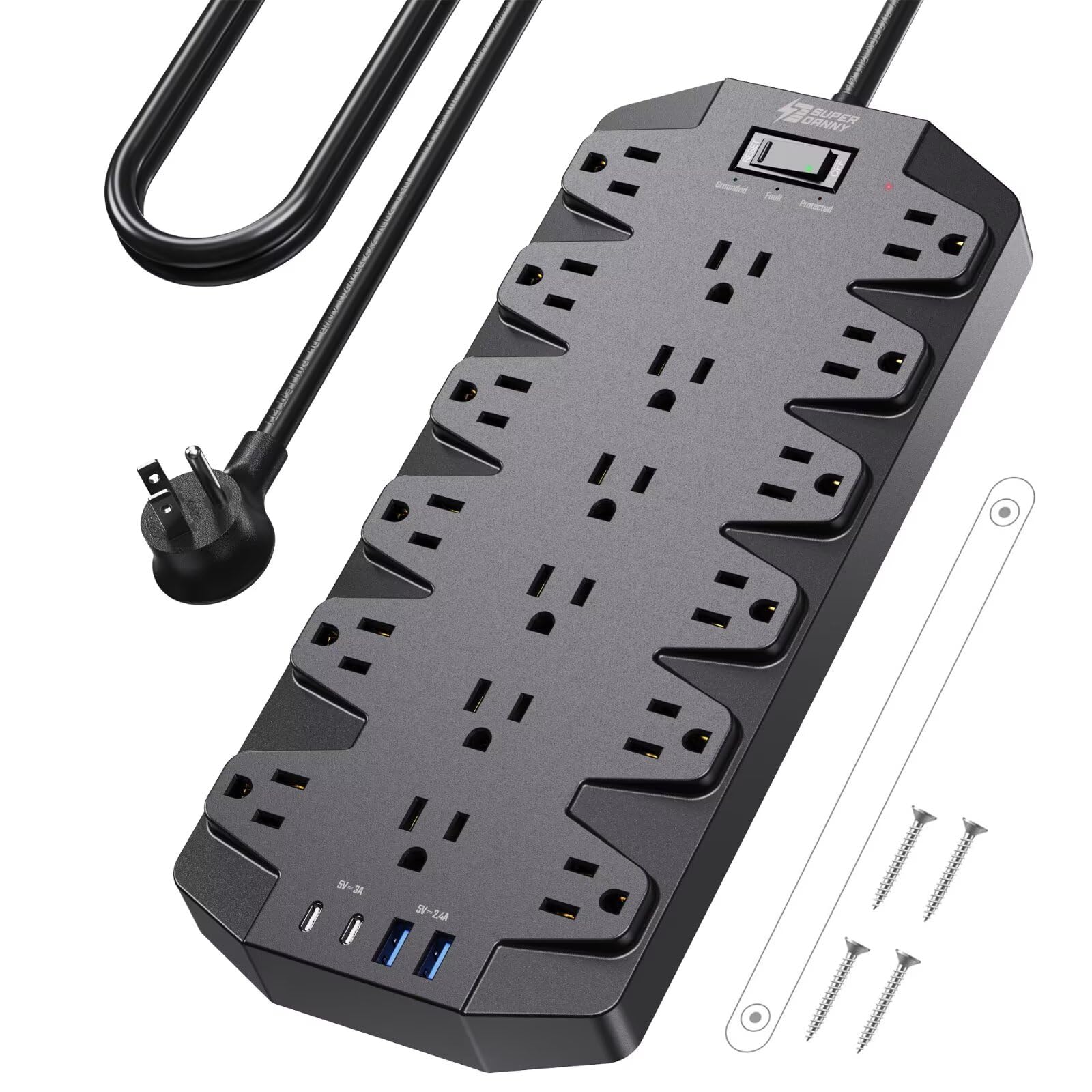 SUPERDANNY surge protector with 18 outlets and USB ports for clutter-free charging at a desk.