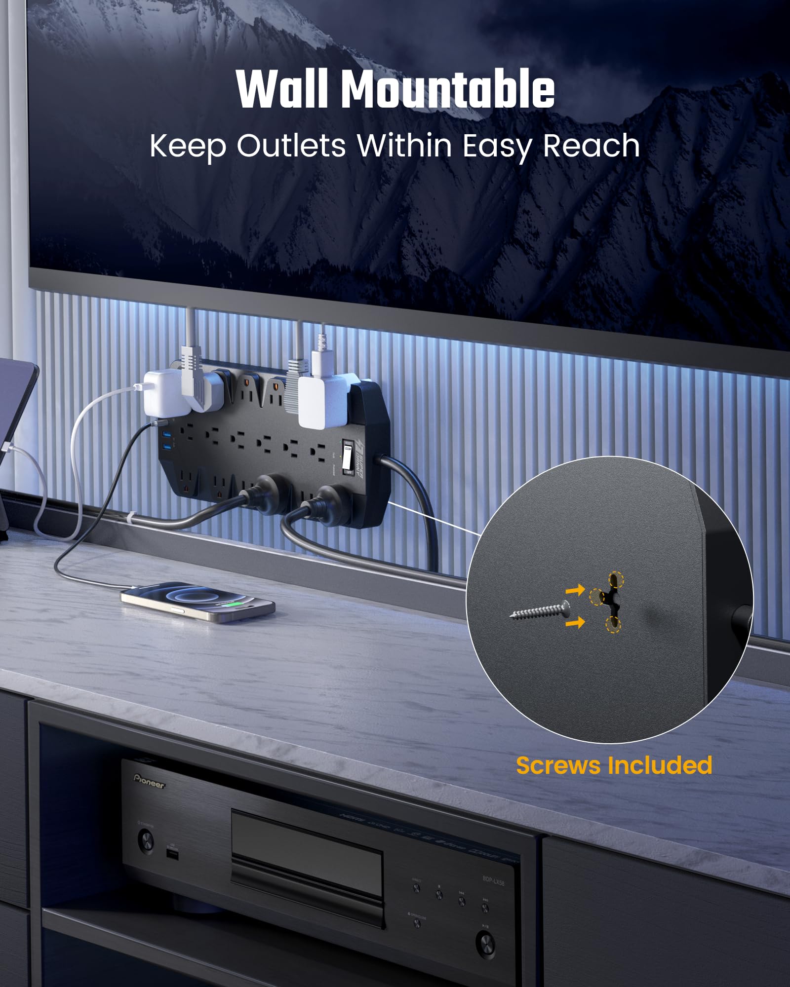 Integrated wall-mount holes on the SUPERDANNY power strip for secure installation.