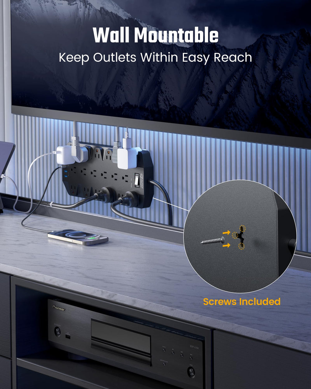 Integrated wall-mount holes on the SUPERDANNY power strip for secure installation.