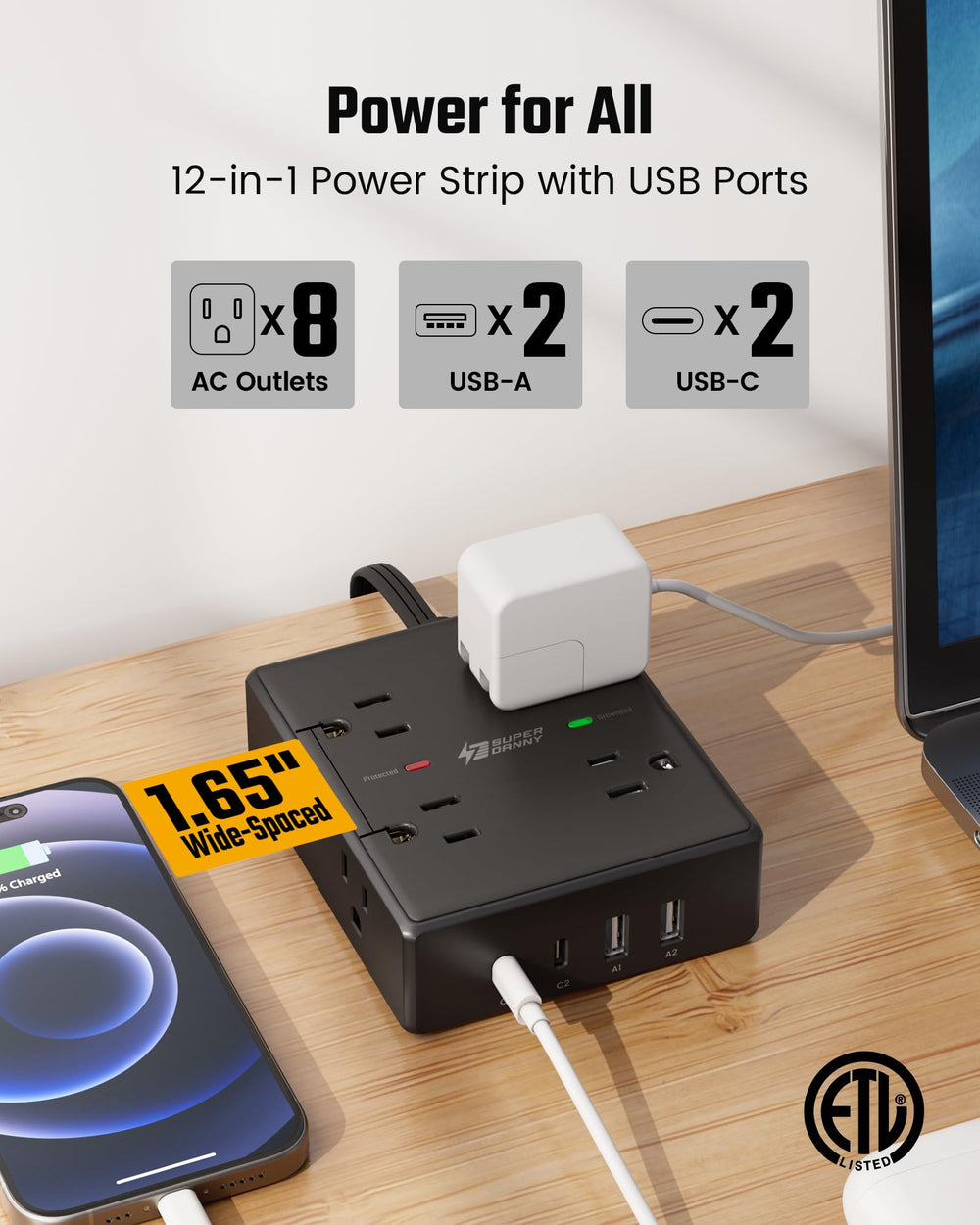 SUPERDANNY USB-C and USB-A ports charge phones and tablets efficiently