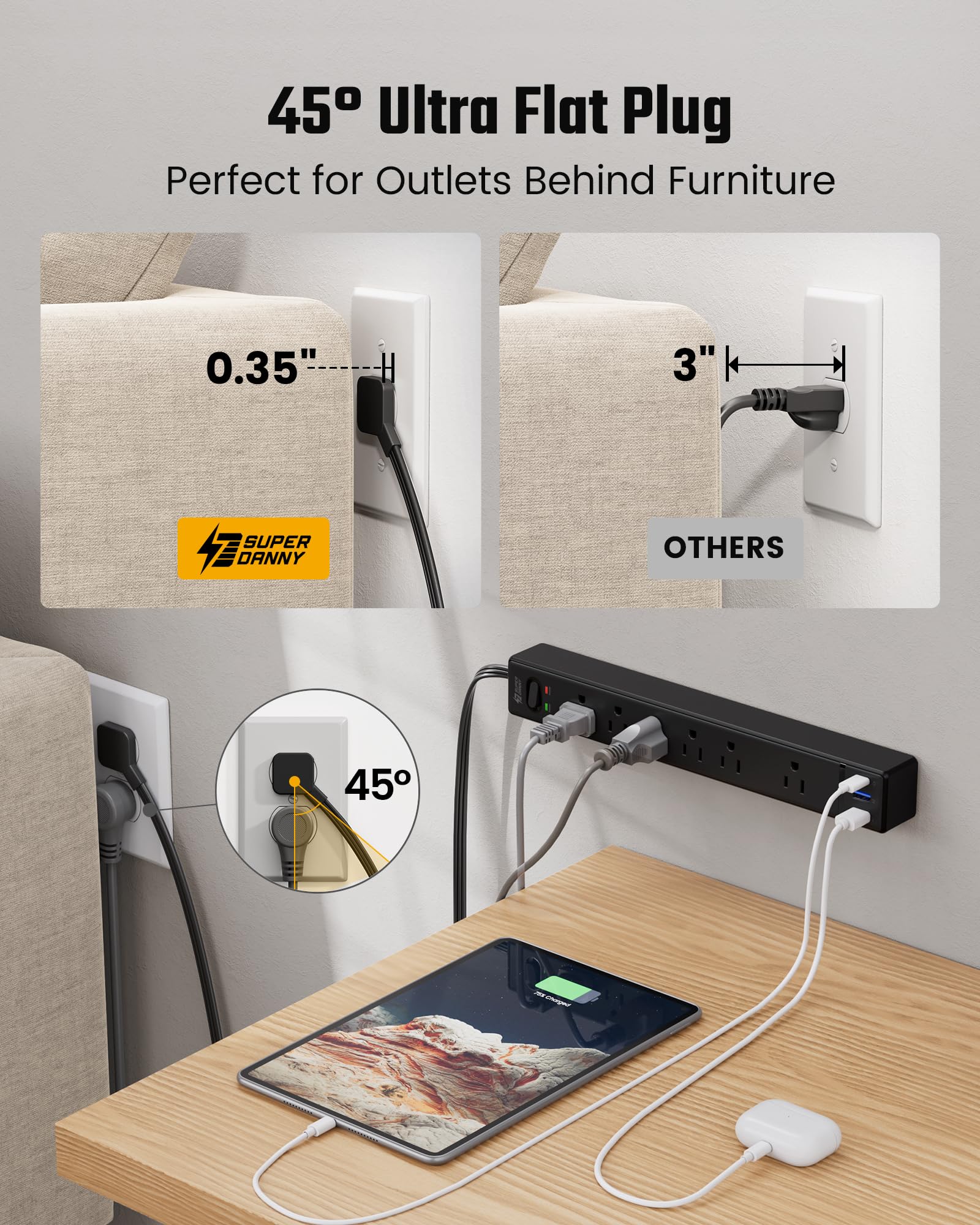 SUPERDANNY flat cord with 45-degree plug fits tight spaces.