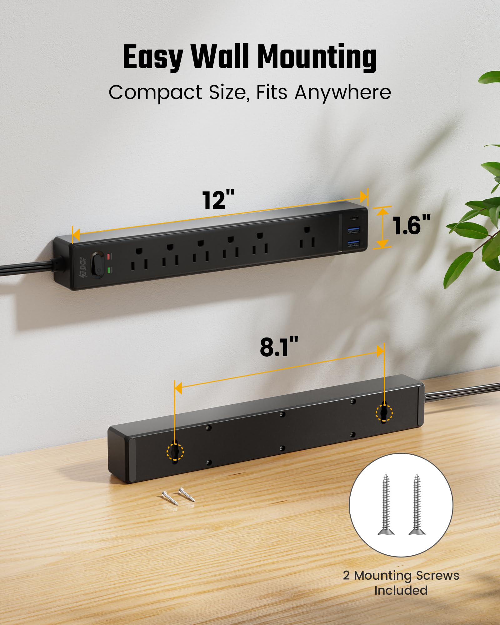 SUPERDANNY wall-mountable power strip keeps desks tidy.