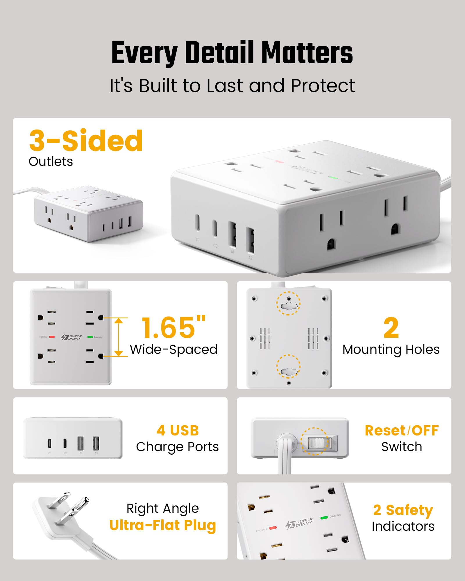 SUPERDANNY compact design fits small desks without crowding outlets
