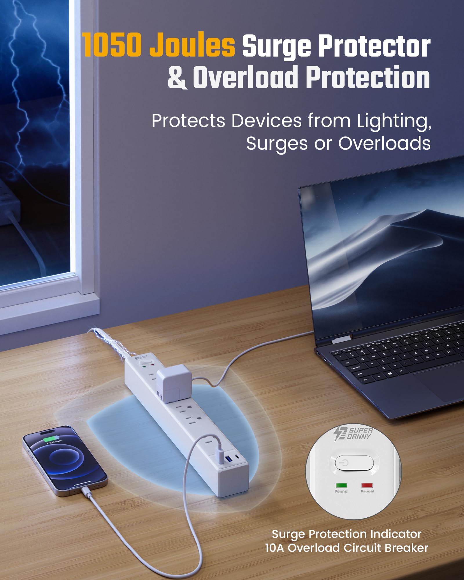 SUPERDANNY wall-mountable power strip for desk or wall use