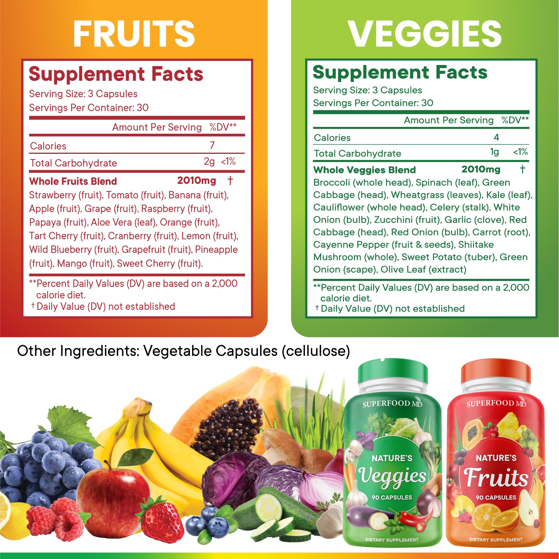 Superfood MD 180 Fruits & Veggies ingredients panel highlighting diverse produce