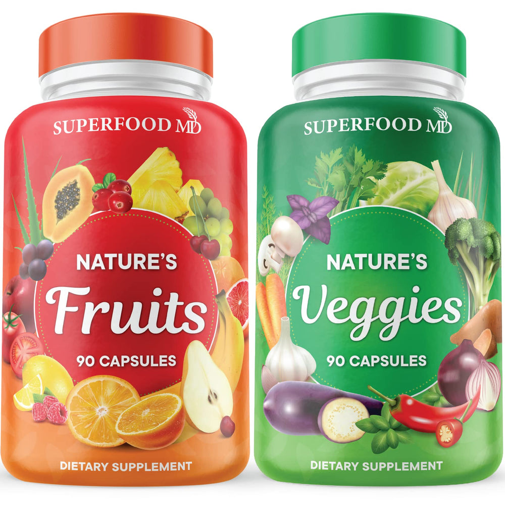 Superfood MD Fruits & Veggies bottle supports daily nutrient intake.