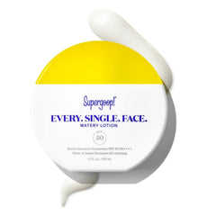 Supergoop! Every. Single. Face. Watery Lotion bottle showing universal sunscreen in a compact package.