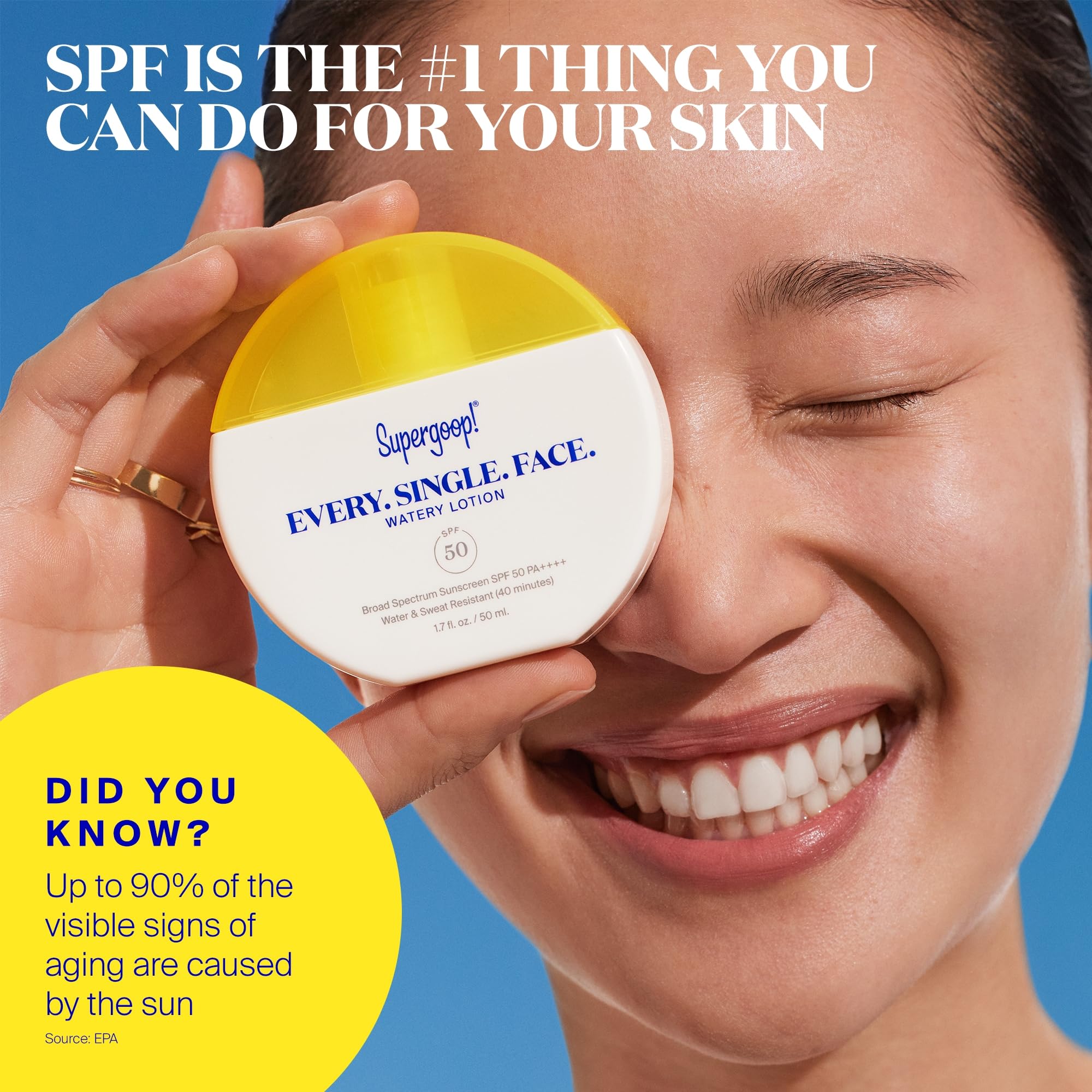 SPF 50 broad-spectrum protection provided by Supergoop! Every. Single. Face. Watery Lotion.