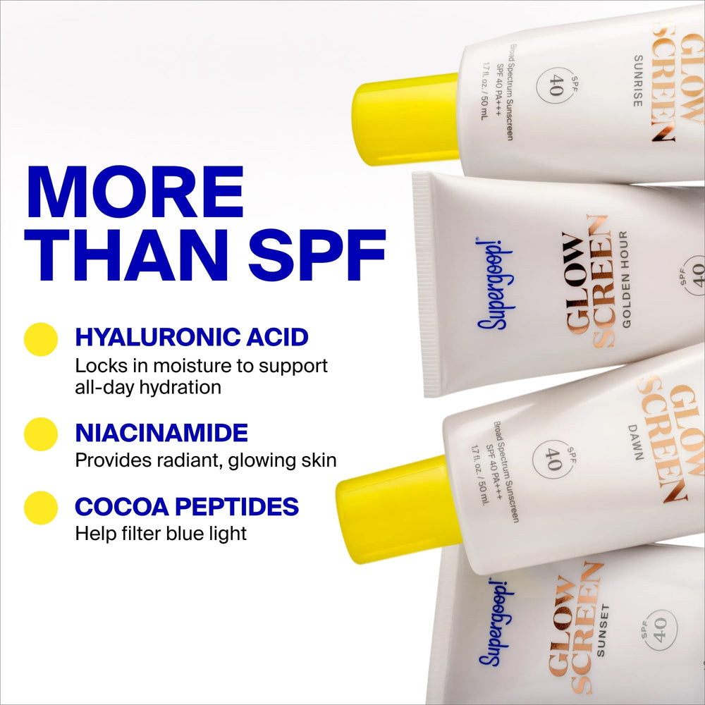 Blue light filtering of Supergoop! Glowscreen protects skin while wearing makeup.