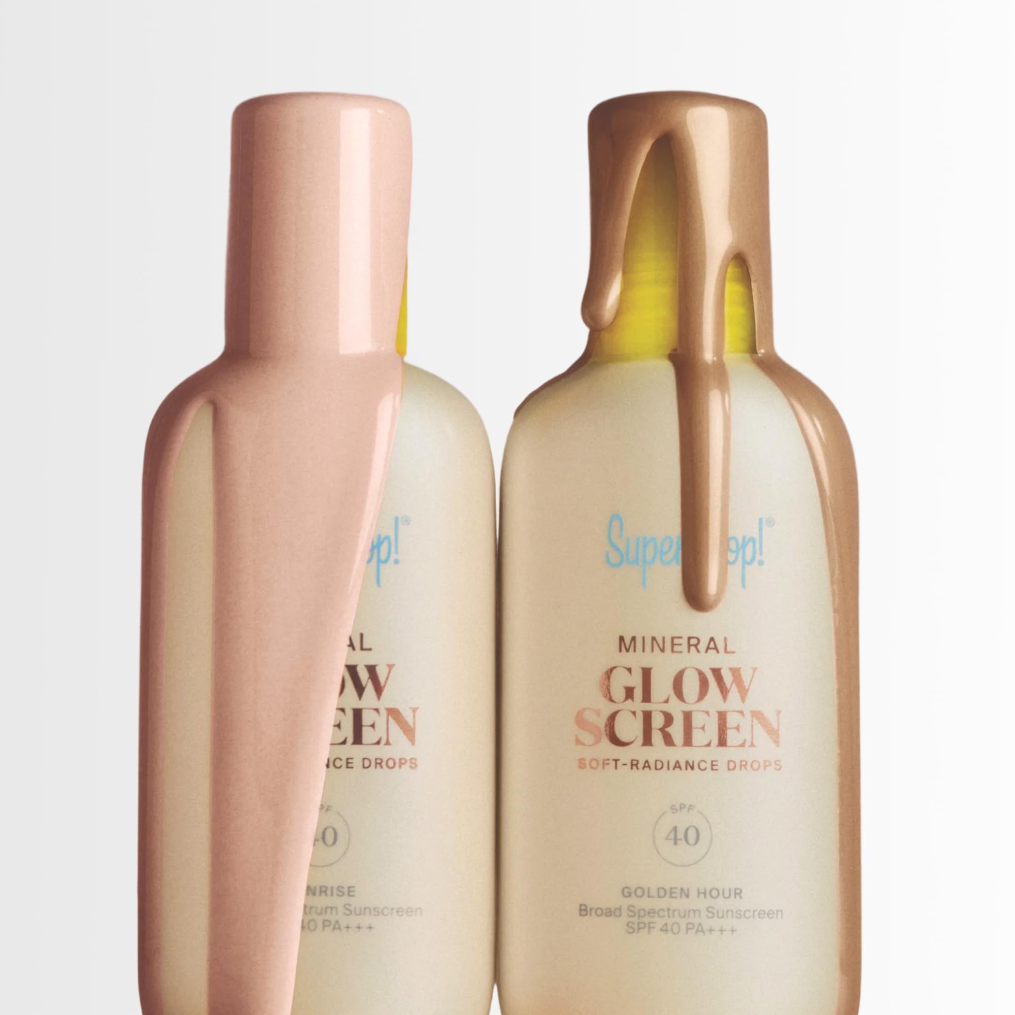 Before-after hint of pore blurring and radiance with Supergoop Glowscreen Drops Sunrise.