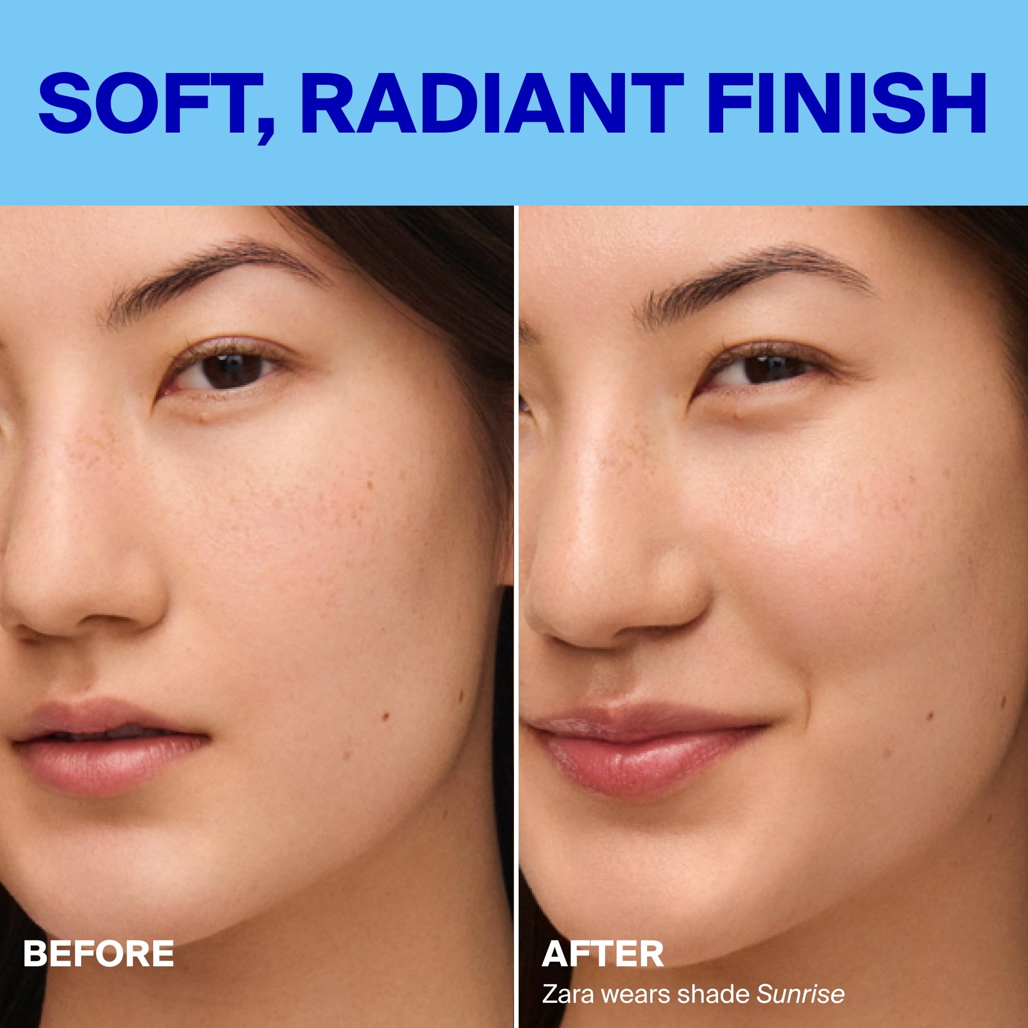 Face application of Supergoop Glowscreen Drops Sunrise captures a subtle glow on skin.