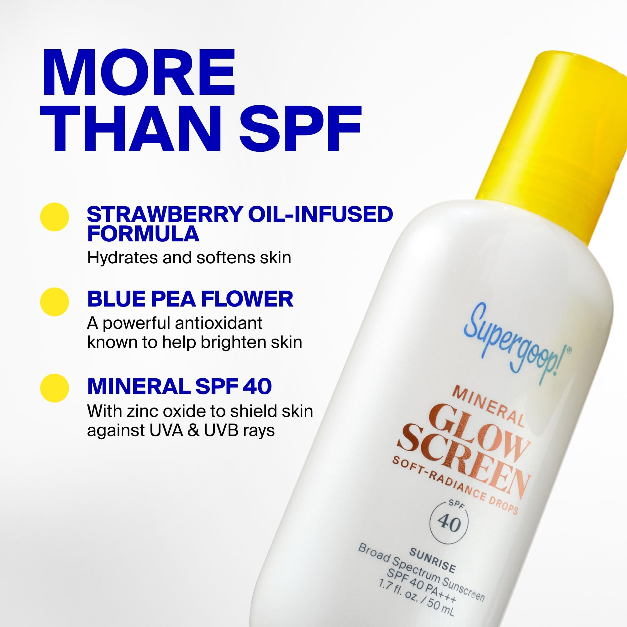 Packaging close-up of Supergoop Glowscreen Drops Sunrise emphasizes clean design.
