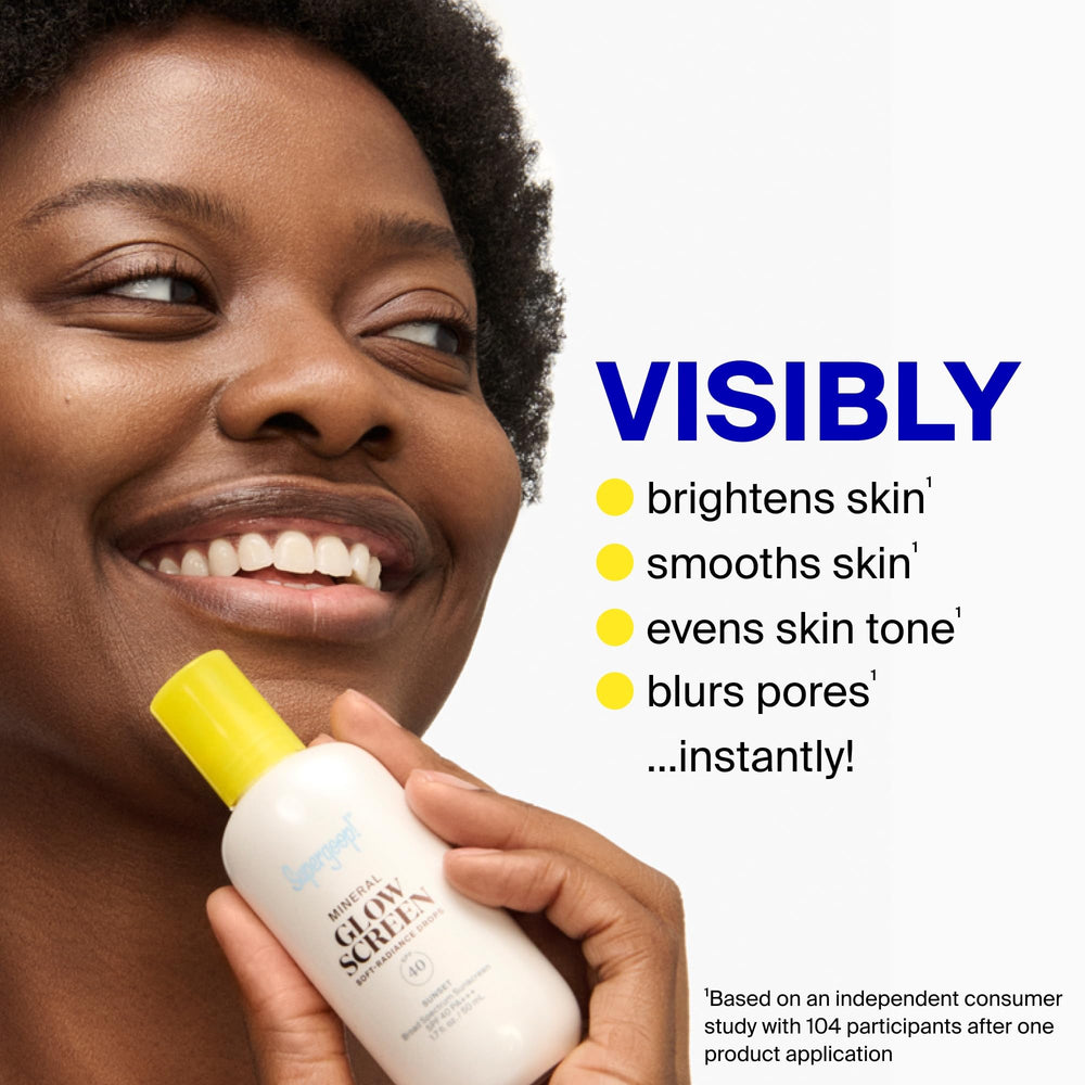 Routine shot featuring Supergoop Glowscreen Drops Sunrise as a final skincare step.