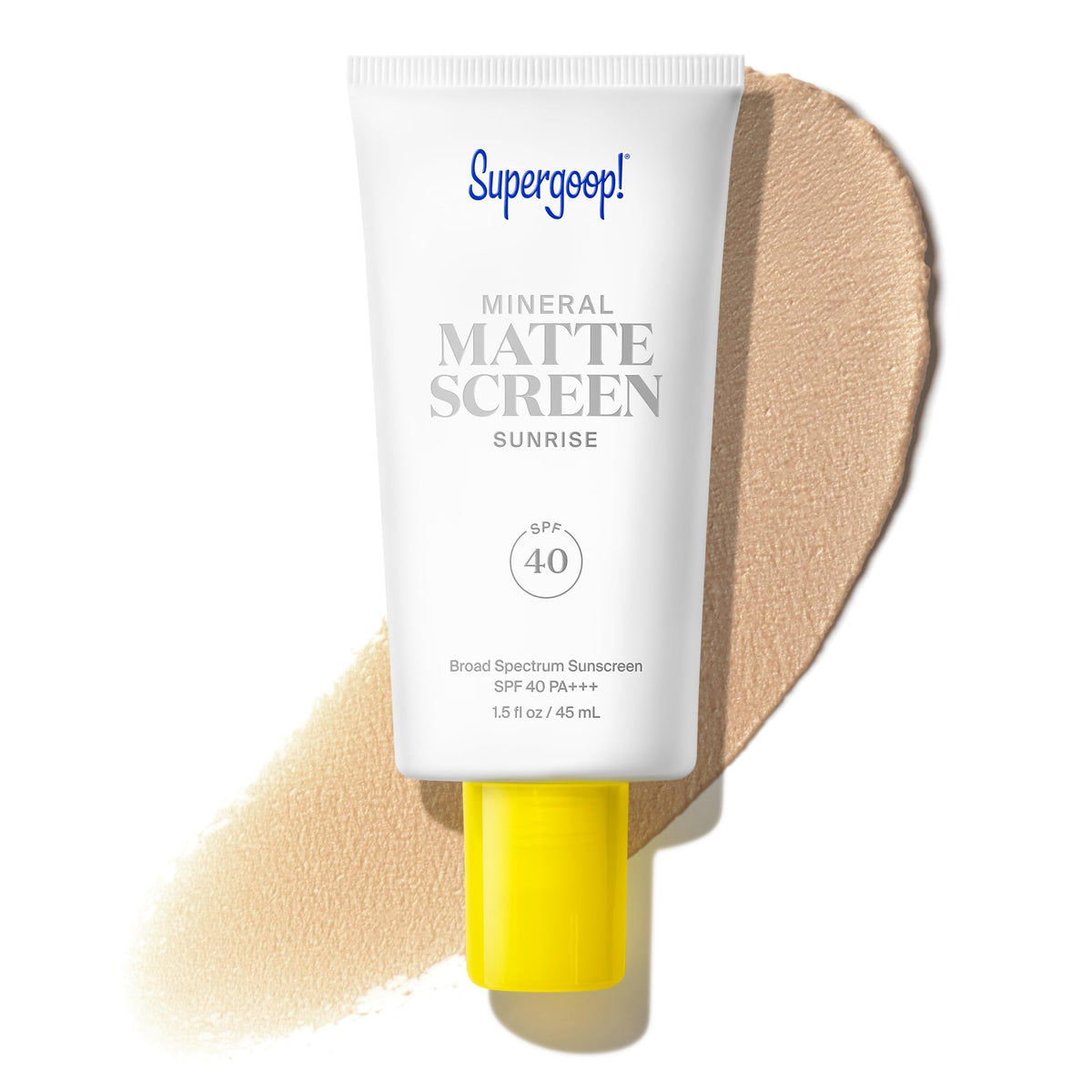 Supergoop! Mineral Mattescreen SPF 40 bottle delivers a matte finish with broad spectrum SPF 40.