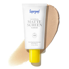 Supergoop! Mineral Mattescreen SPF 40 bottle delivers a matte finish with broad spectrum SPF 40.