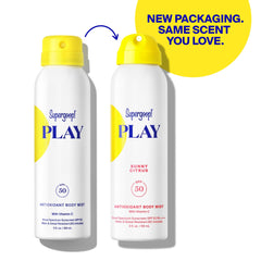 Supergoop PLAY Antioxidant Body Mist bottle-closeup highlighting lightweight, non-greasy feel