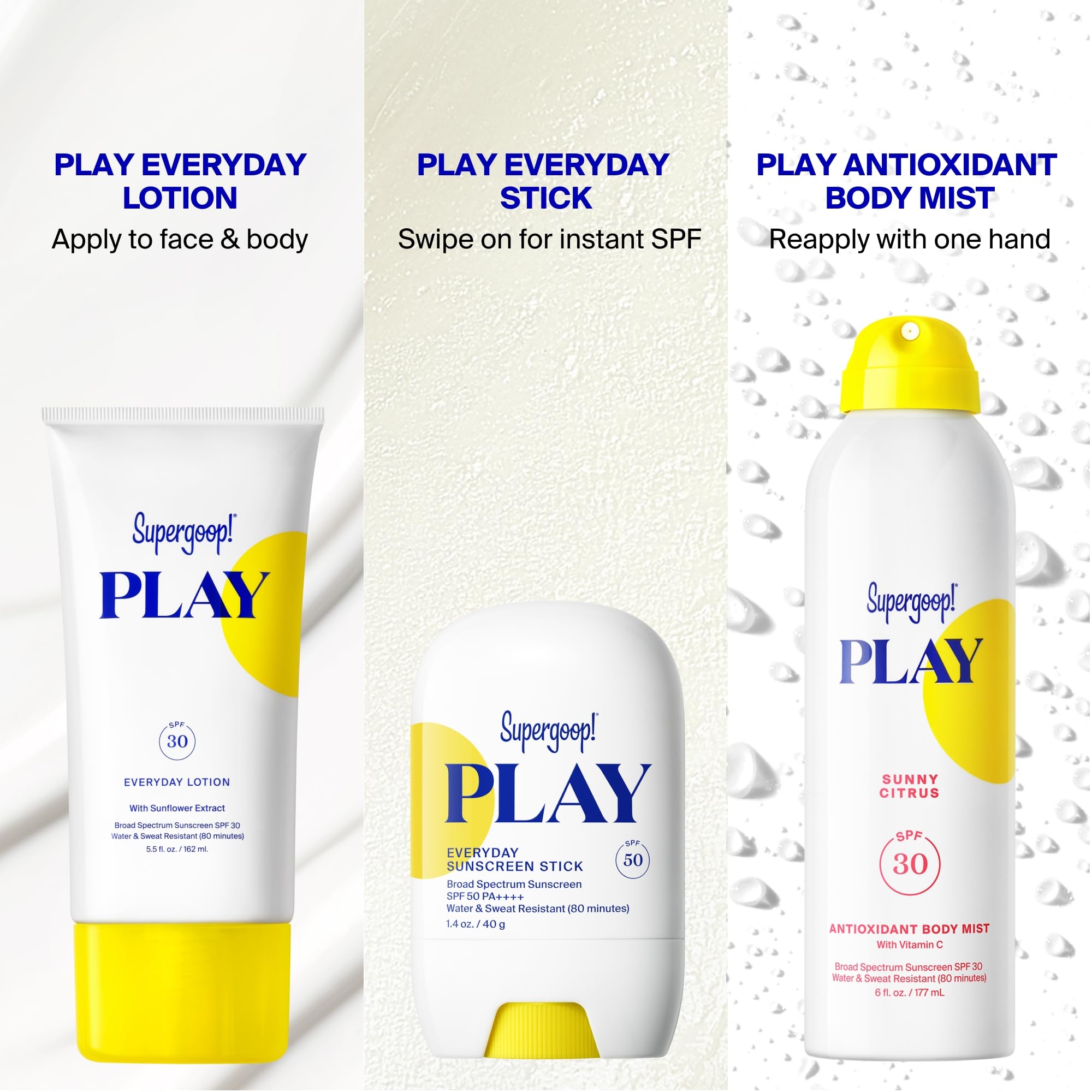 Supergoop PLAY Antioxidant Body Mist on beach scene illustrating daily sun protection