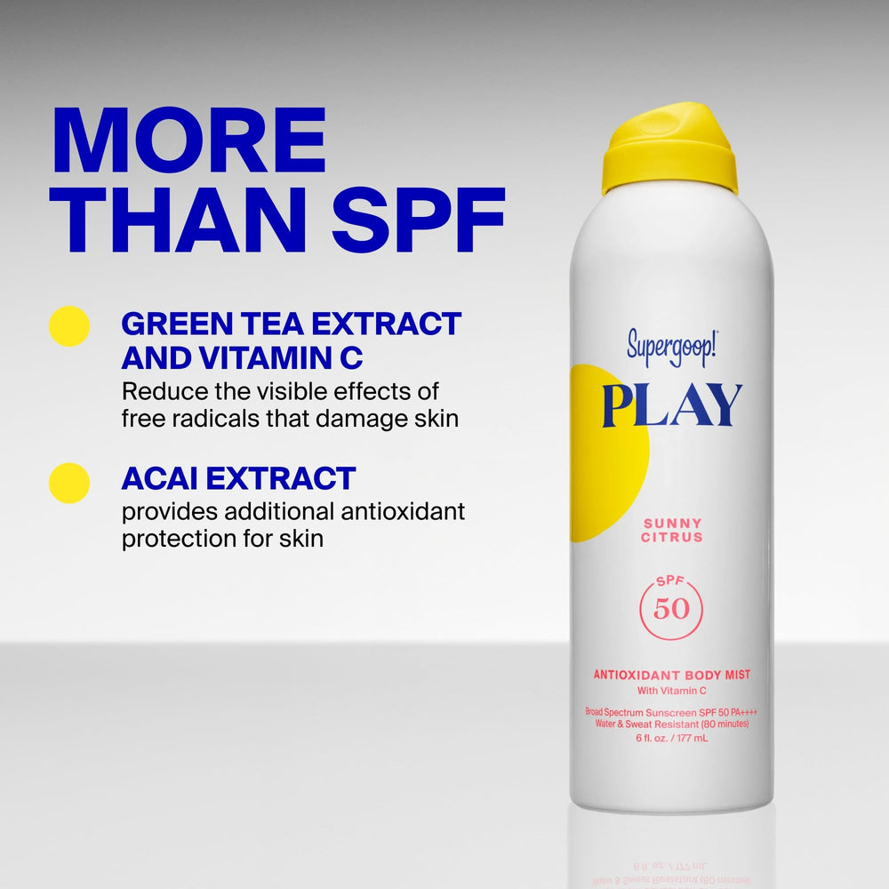 Supergoop! PLAY antioxidant body mist vitamin C green tea acai provides nourishing antioxidants.