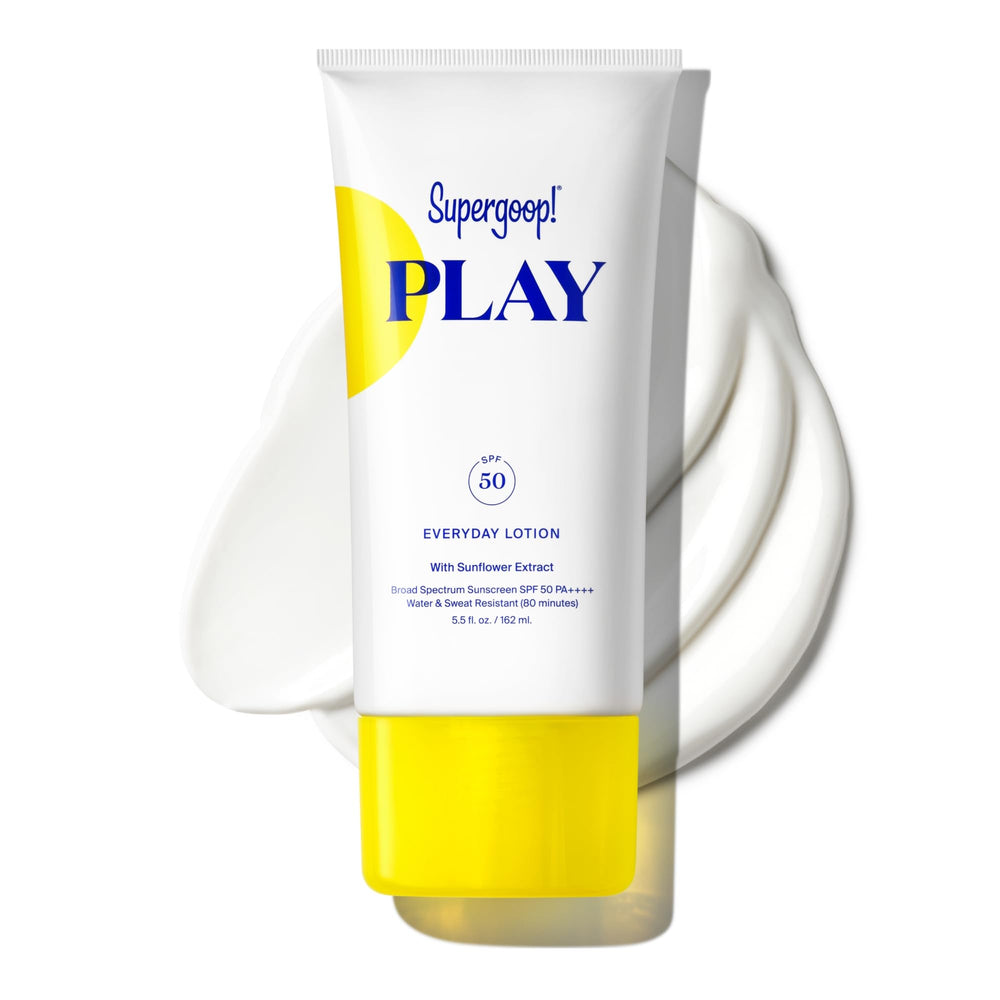 Supergoop! PLAY Everyday Lotion SPF 50 bottle shows lightweight, non-greasy sunscreen in action.