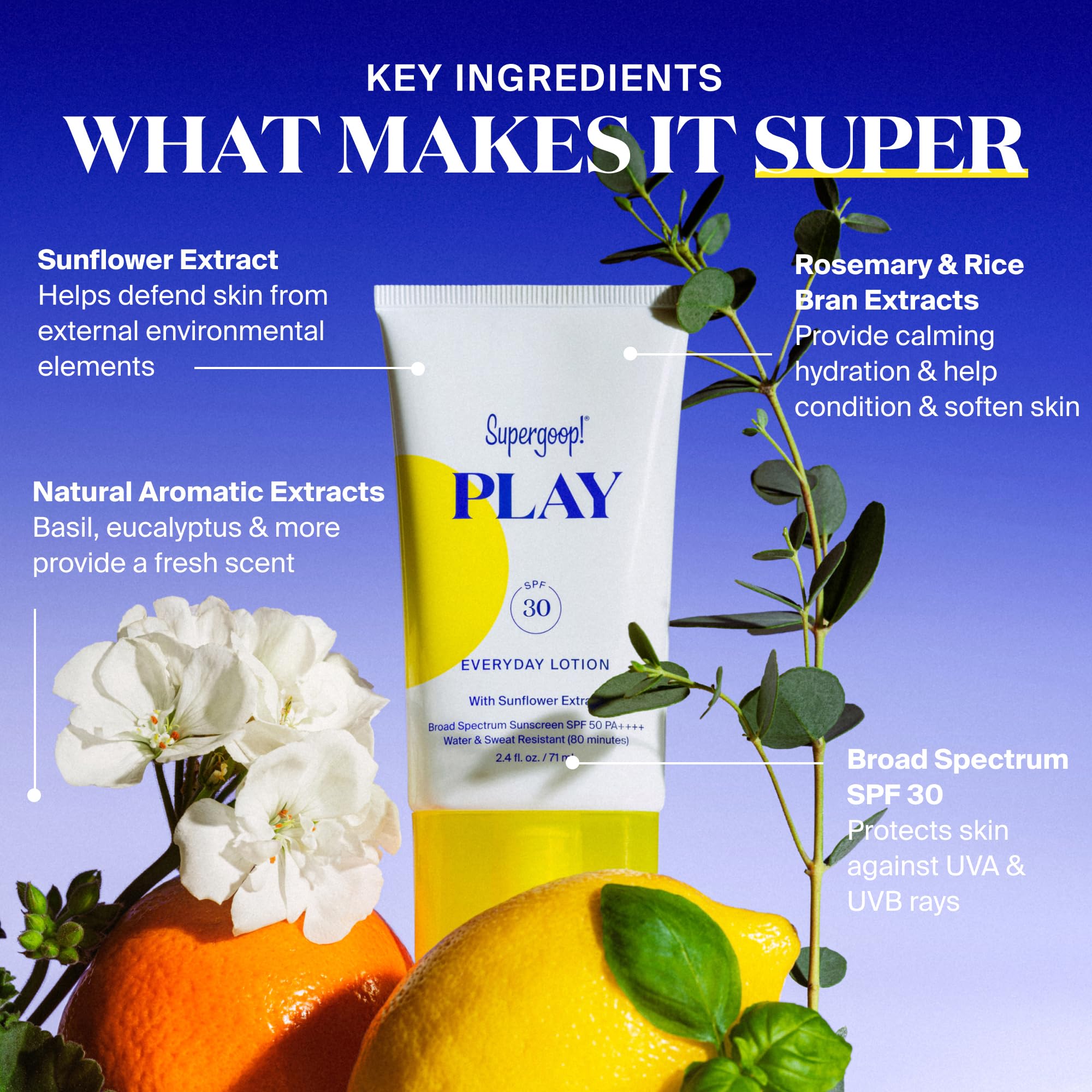 Supergoop! PLAY Everyday SPF 30 highlighting sunflower and rosemary ingredients for nourishment.
