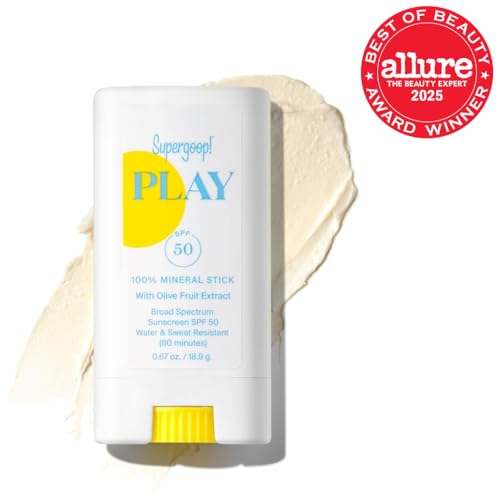 Supergoop PLAY Mineral Stick used on ears and lips for all-day sun defense.