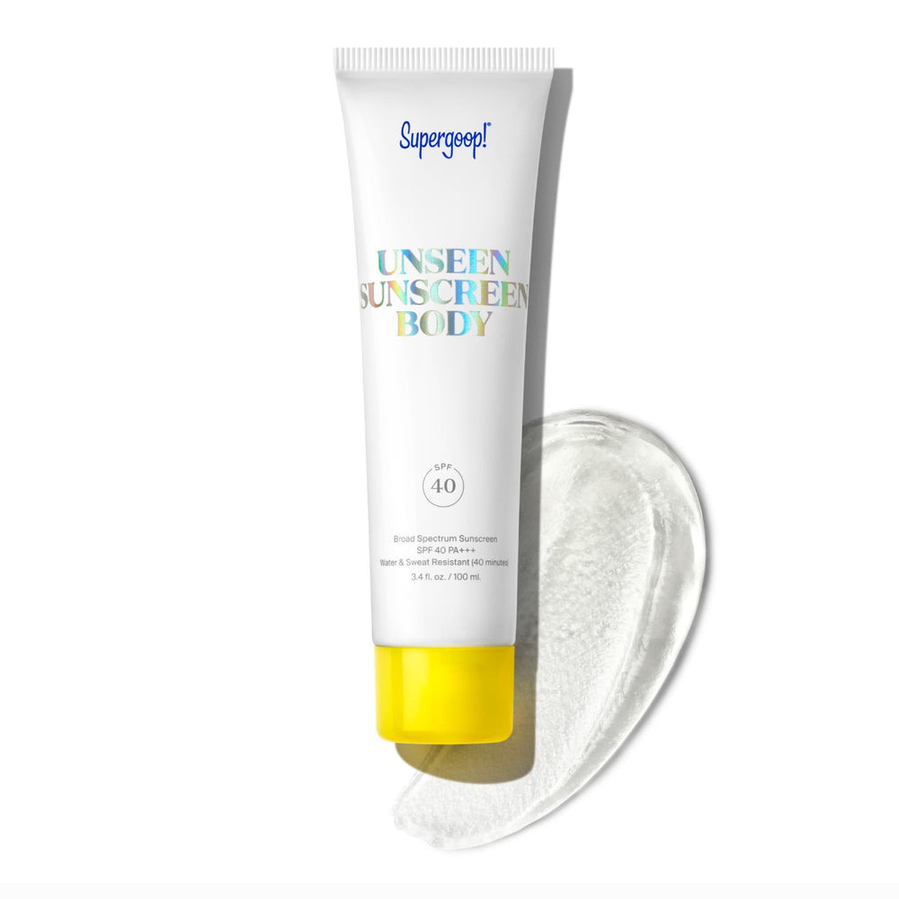 Supergoop Unseen Sunscreen Body SPF 40 bottle with clear gel texture for invisible coverage
