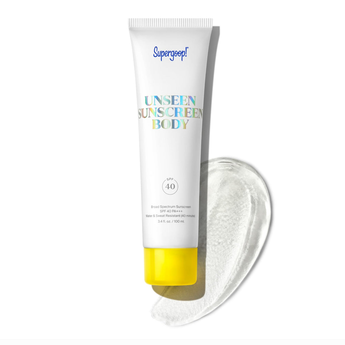 Supergoop Unseen Sunscreen Body SPF 40 bottle with clear gel texture for invisible coverage