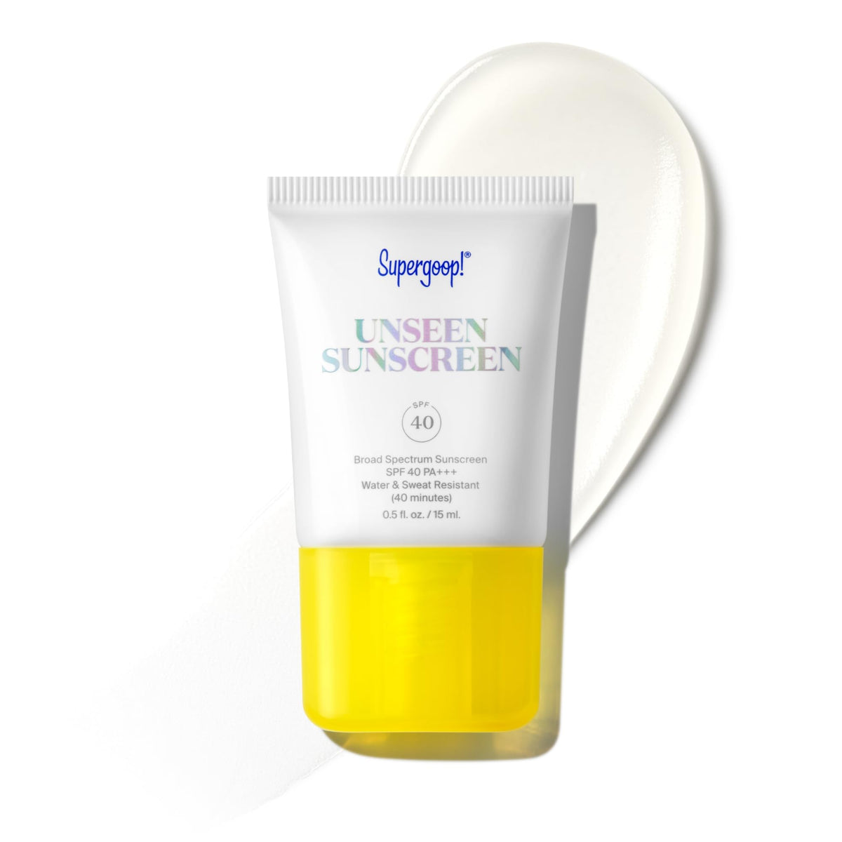 Supergoop Unseen Sunscreen bottle showing weightless protection for all skin tones.