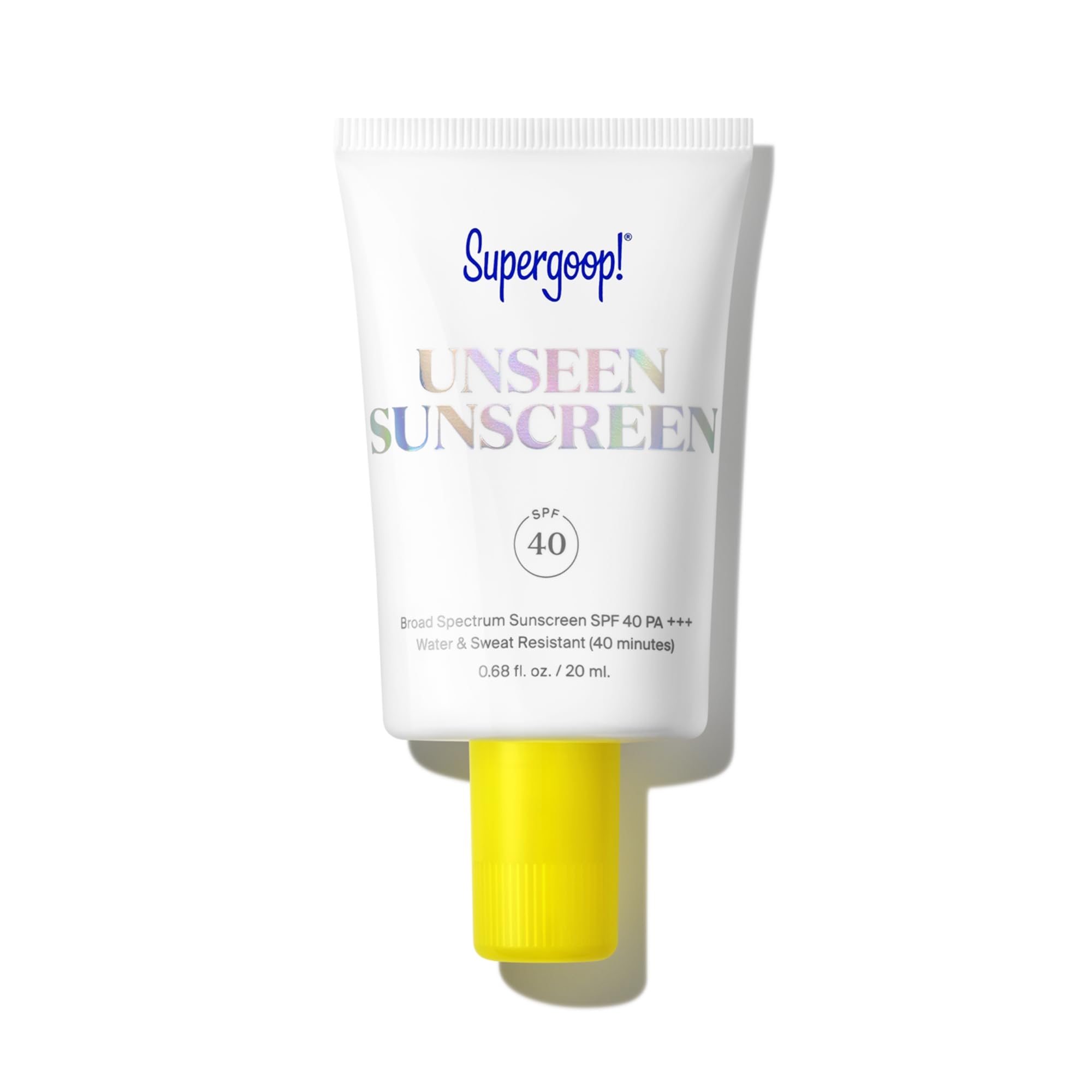 Supergoop Unseen Sunscreen clear bottle showing weightless, invisible protection.