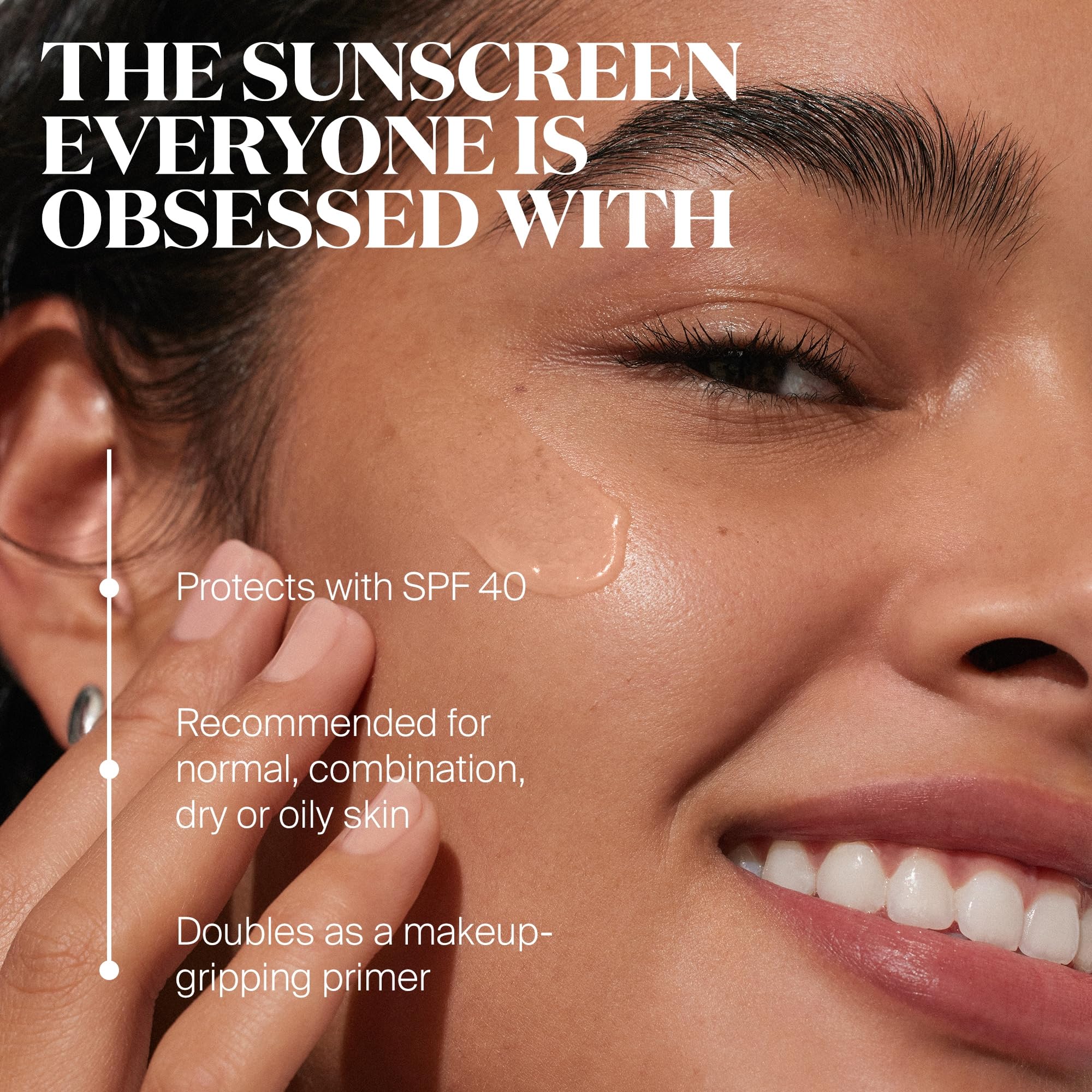Supergoop Unseen Sunscreen being applied to face highlights oil-free, shine-control formula.