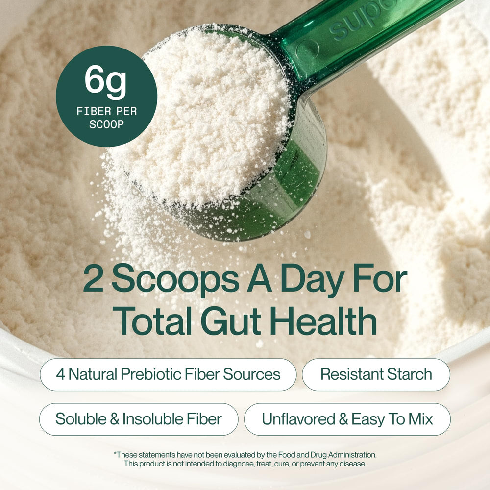 Powder blended into a smoothie with tropical flavor from Supergut