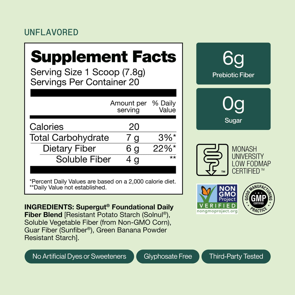 Supergut Foundational Daily Fiber Powder on kitchen counter ready to mix.