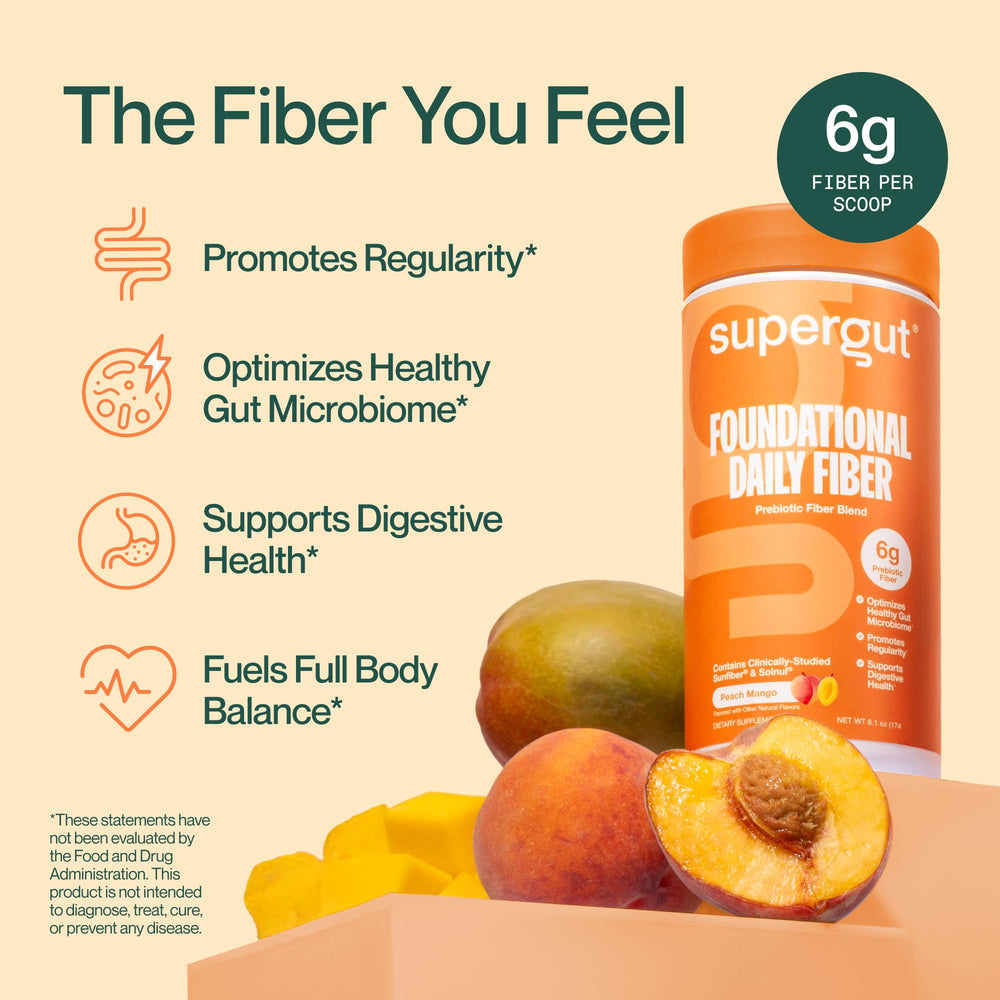 Scoop of Supergut Foundational Daily Fiber Powder Peach Mango for quick on-the-go mixing