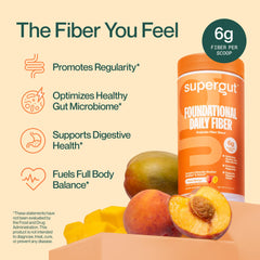 Scoop of Supergut Foundational Daily Fiber Powder Peach Mango for quick on-the-go mixing