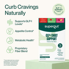 Supergut GLP-1 Daily Support bottle close-up supports digestion and metabolic balance.