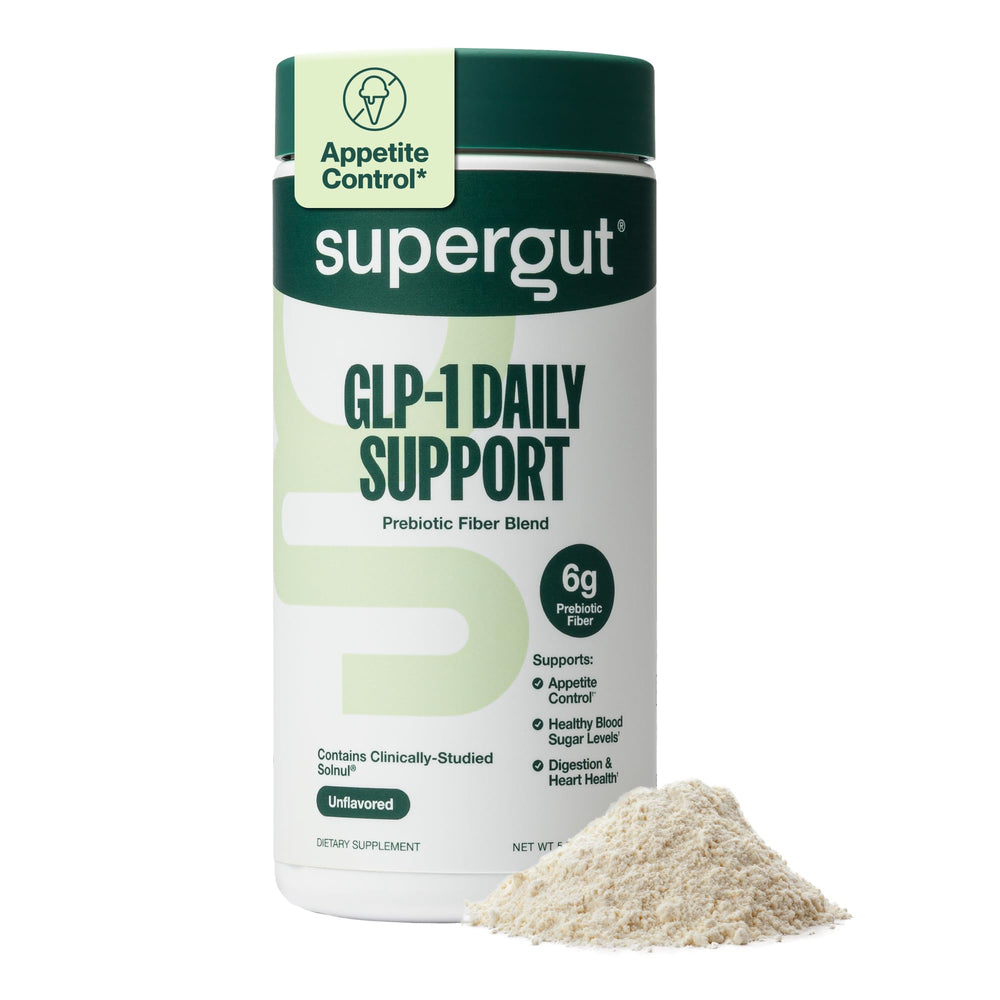 Supergut GLP1 Daily Support bottle close-up highlighting high-fiber, sugar-free formula for gut health