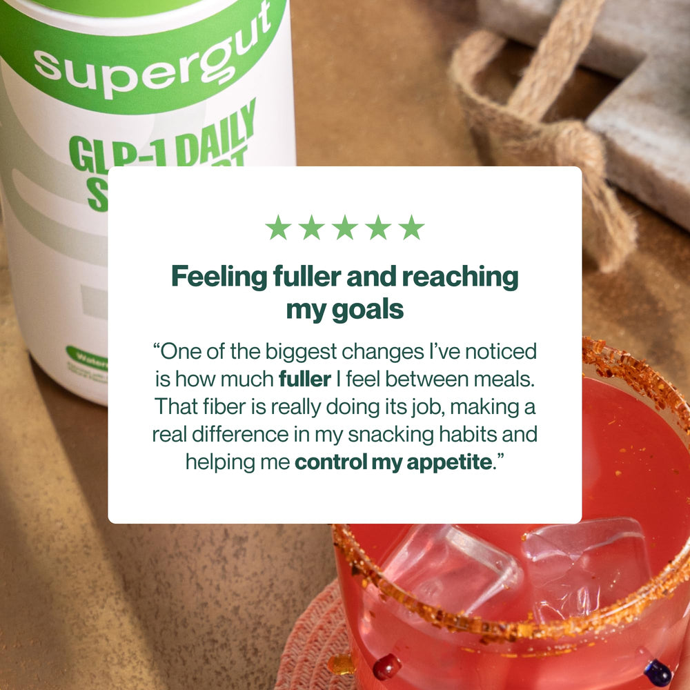 Scoop beside glass showing easy daily fiber routine.