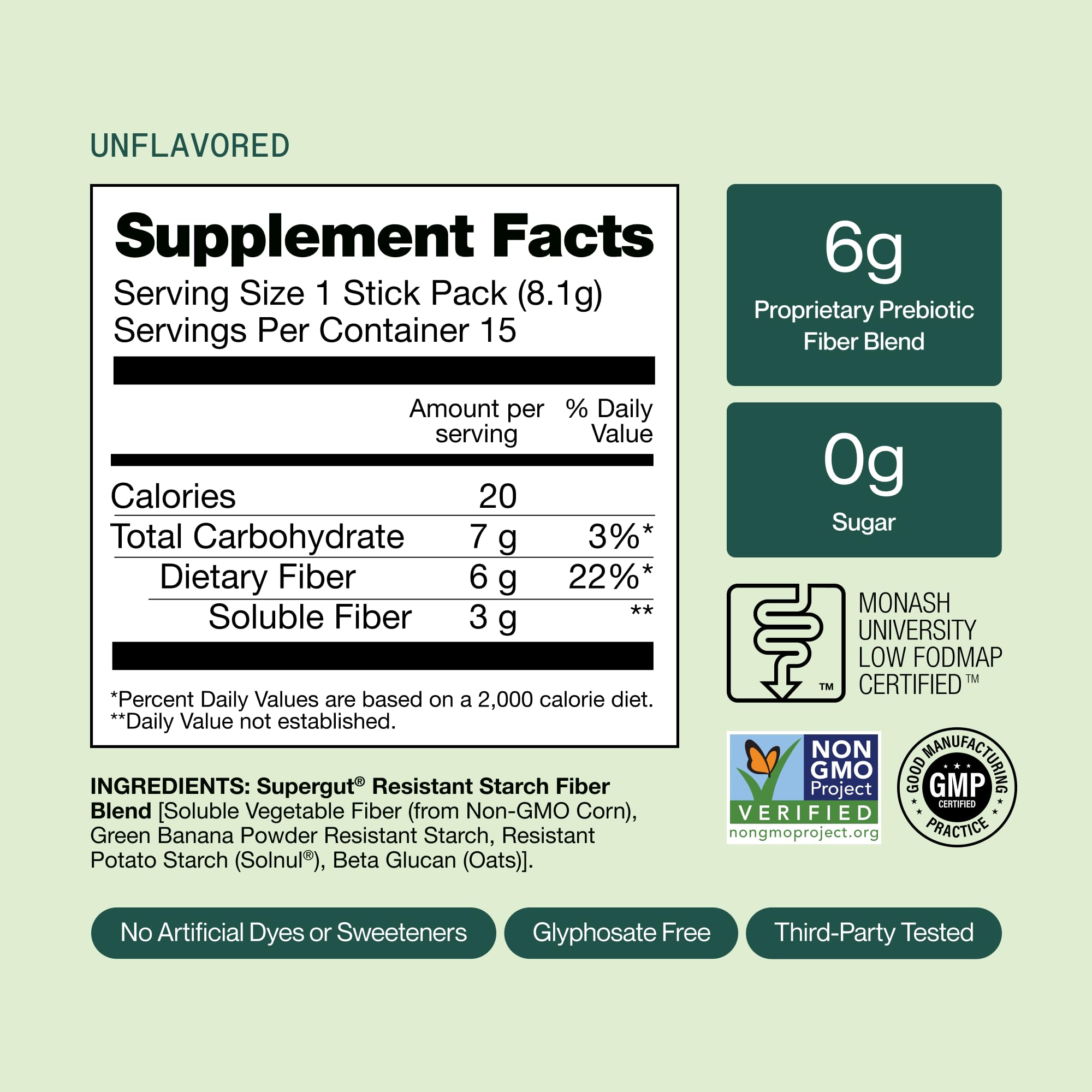 Label close-up reveals resistant starch and beta-glucan in Supergut GLP1