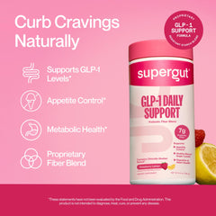 Supergut GLP-1 Daily Support powder scoop highlights convenient daily serving.