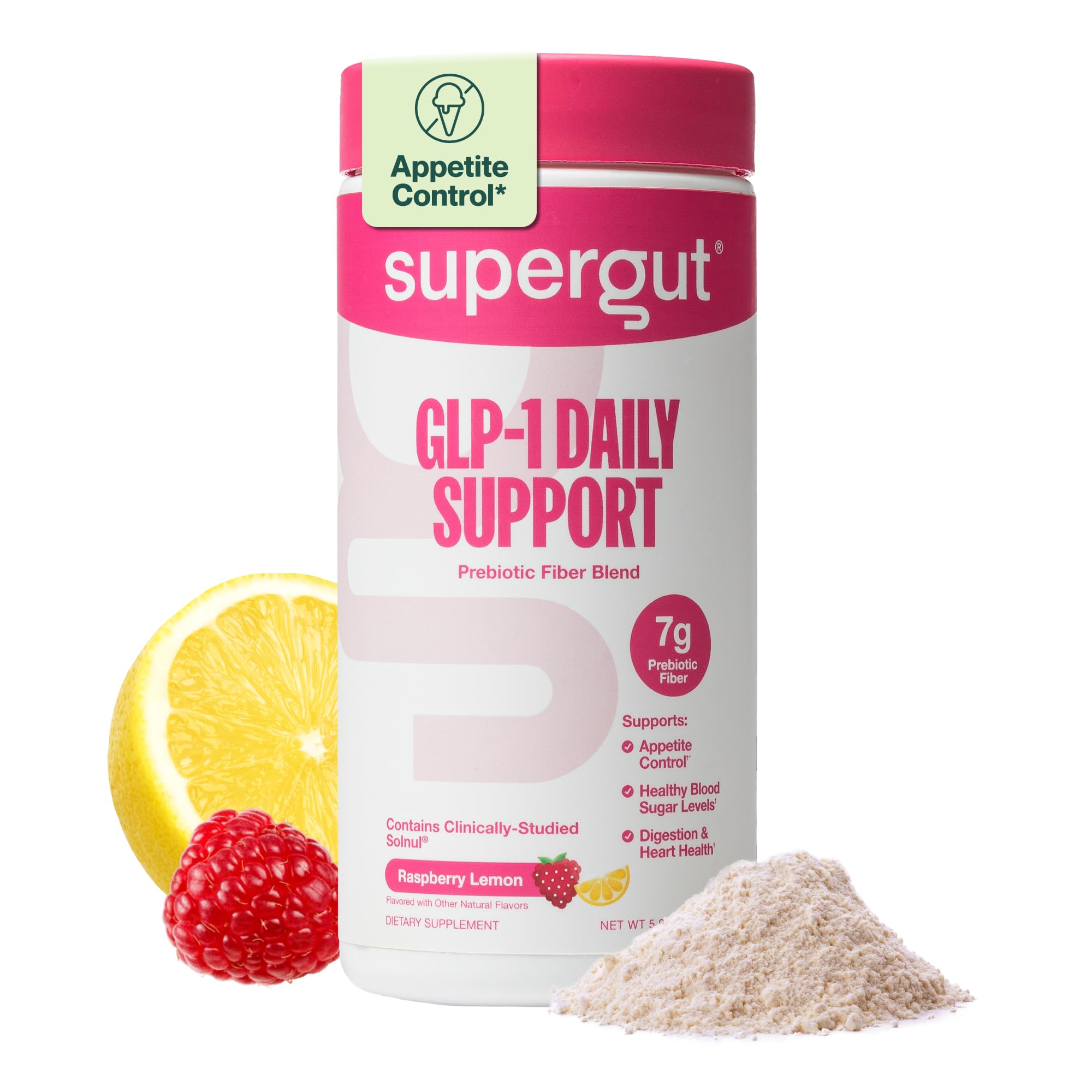 Supergut GLP-1 Daily Support raspberry lemon tub promotes gut health with daily fiber.