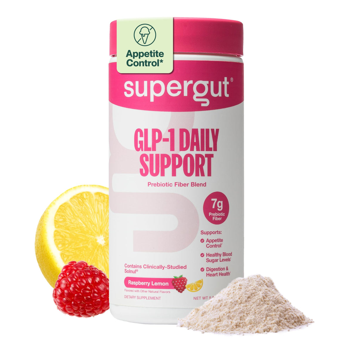 Supergut GLP-1 Daily Support raspberry lemon tub promotes gut health with daily fiber.