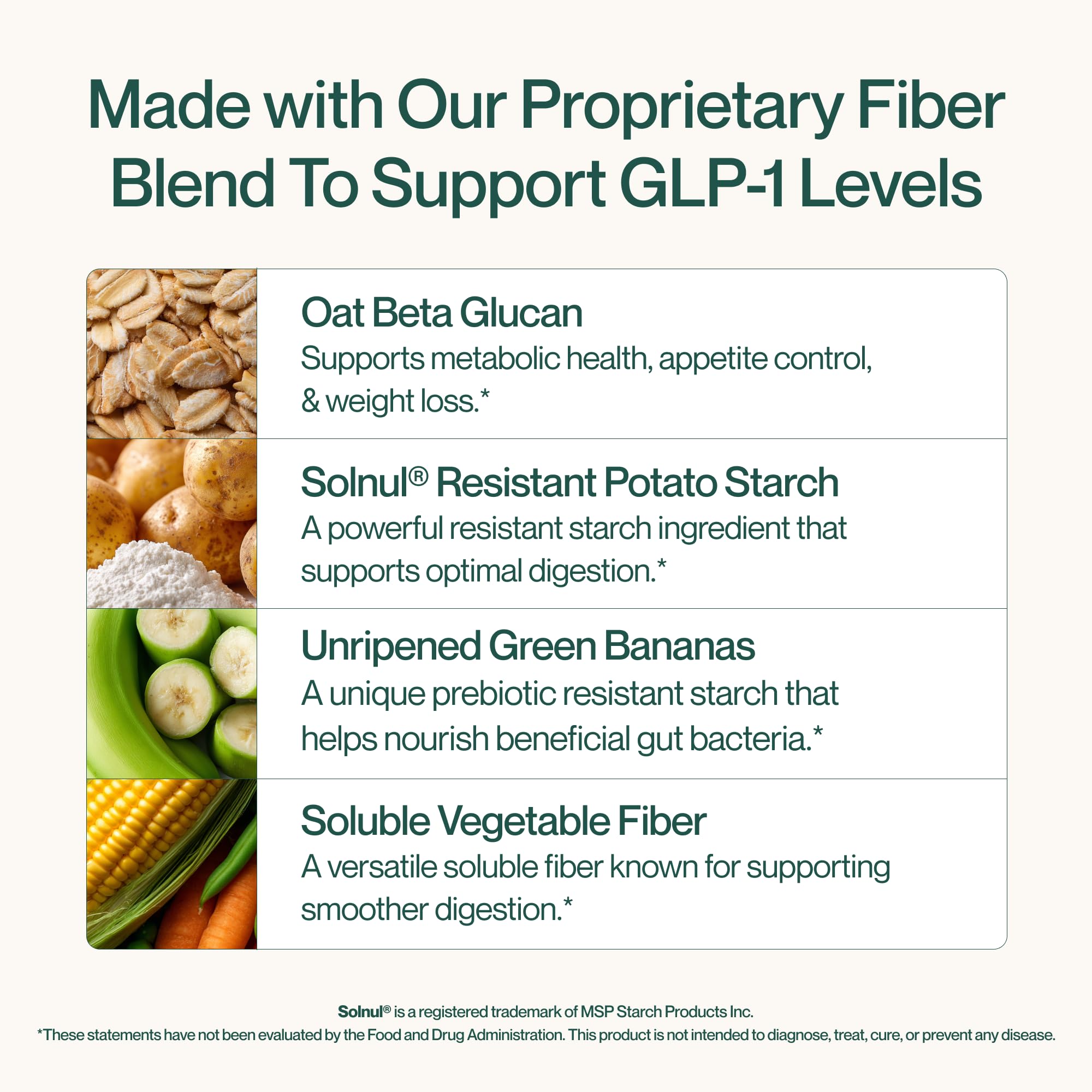 Supergut GLP-1 Daily Support scoop with cup showing 7g fiber boost.