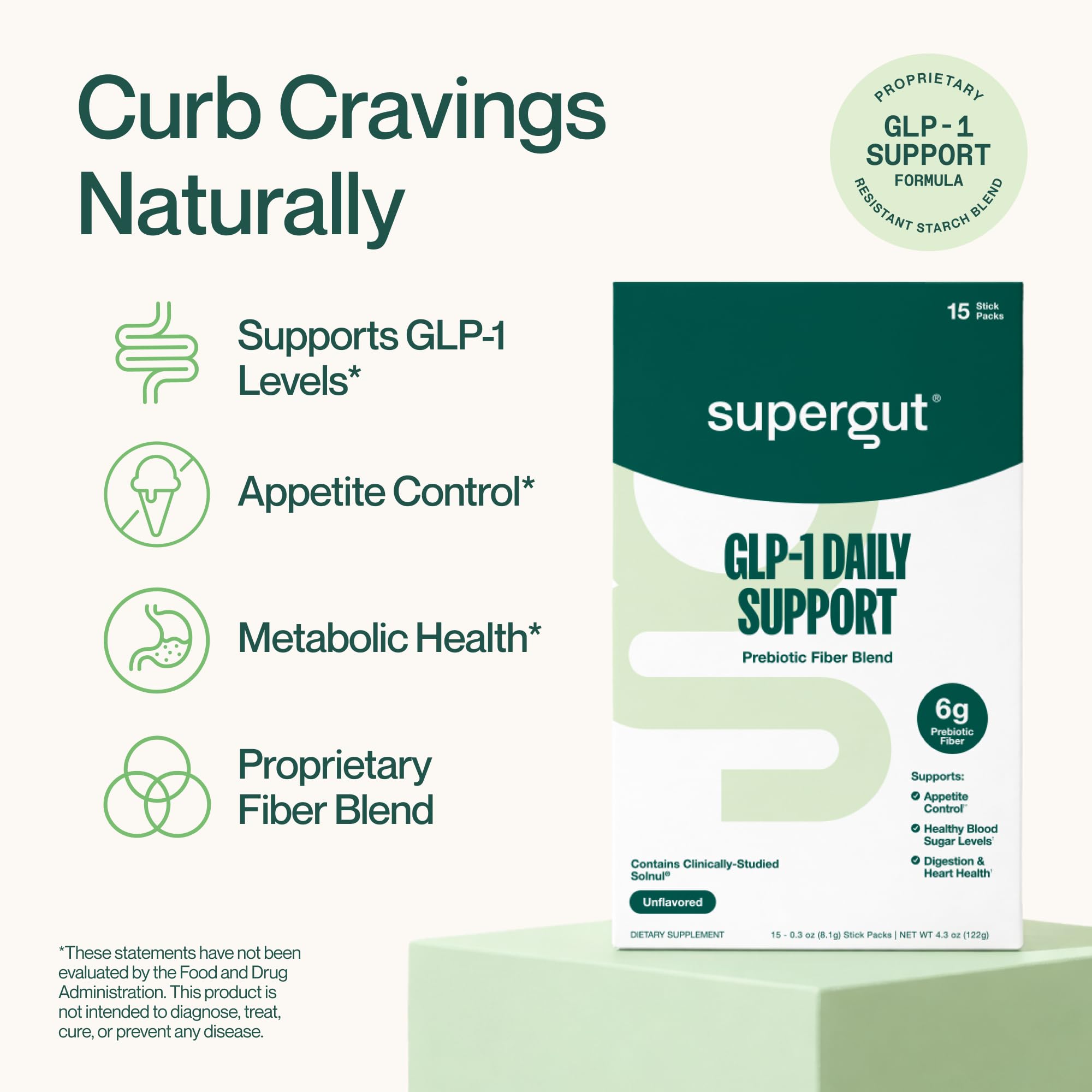 Serving scoop beside Supergut GLP1 Daily Support powder highlights easy, low-calorie fiber addition