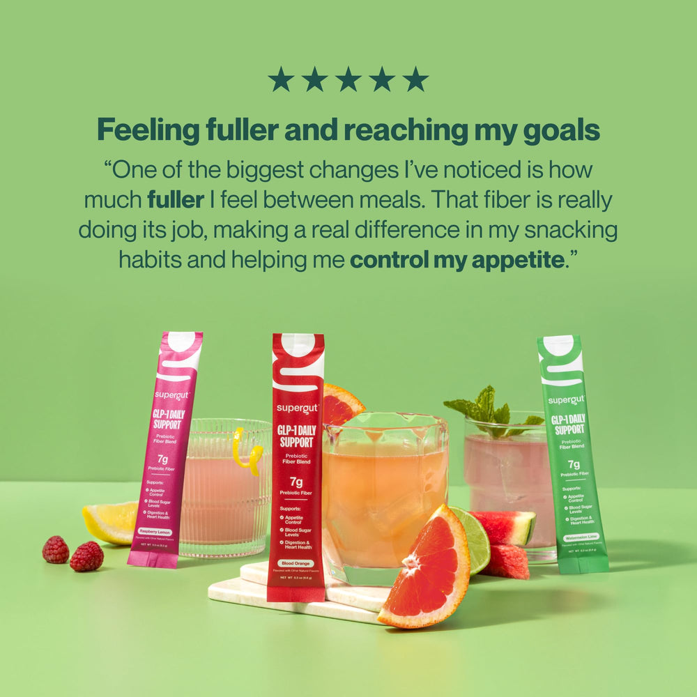Supergut GLP-1 Daily Support spoon with glass emphasizes fiber boost for daily routine.