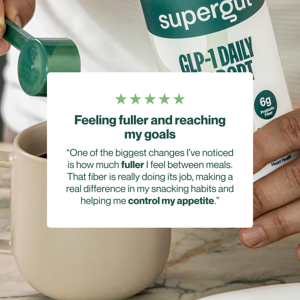 Supergut GLP1 Daily Support resealable pouch, travel-friendly, convenient daily use