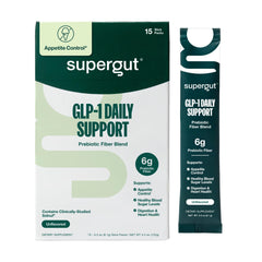 Supergut GLP1 Daily Support tub front shows a plant-based, gut-friendly fiber option for daily wellness
